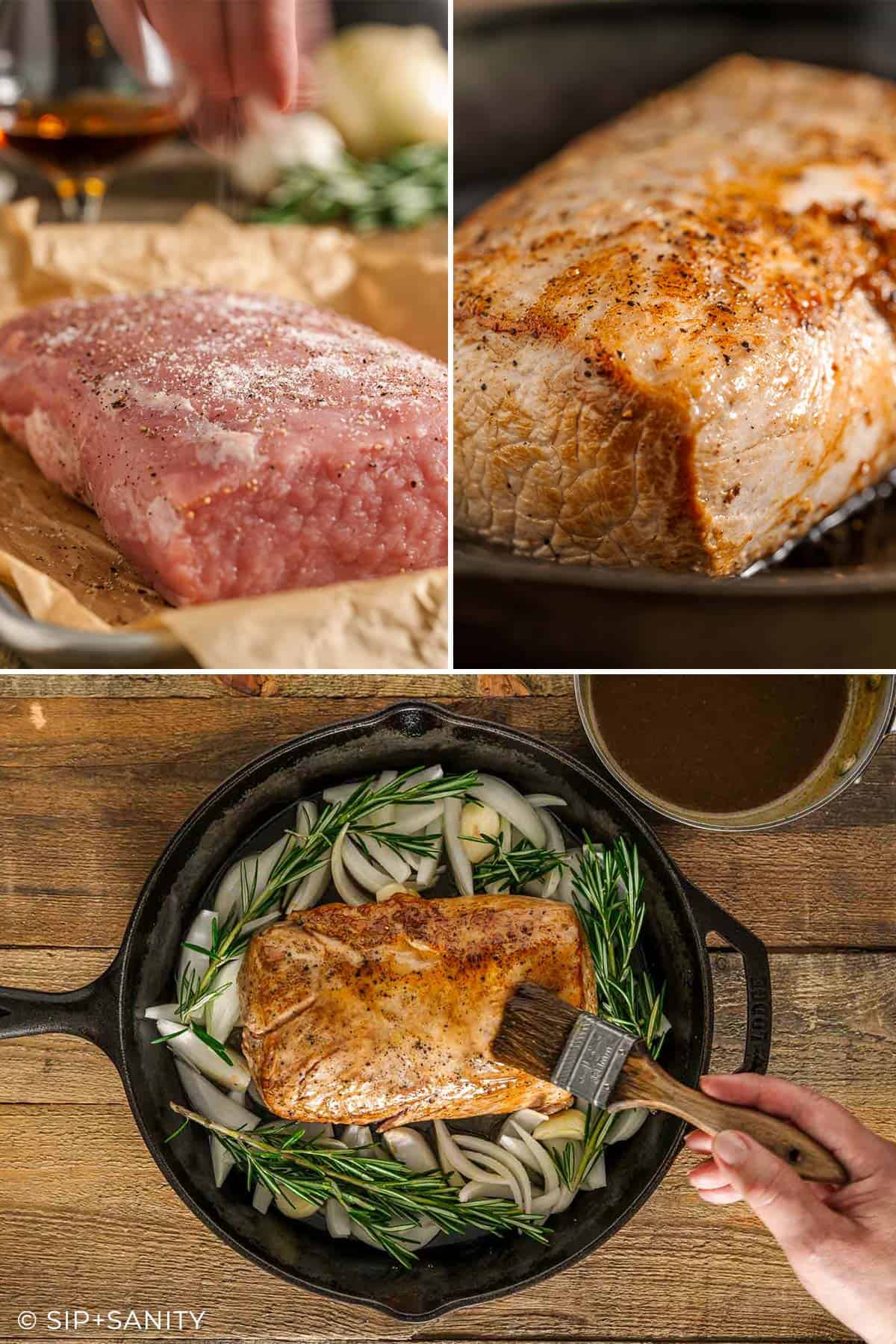 A collage shows pork being seasoned, seared in a pan, and then brushed with glaze while in a cast iron skillet.