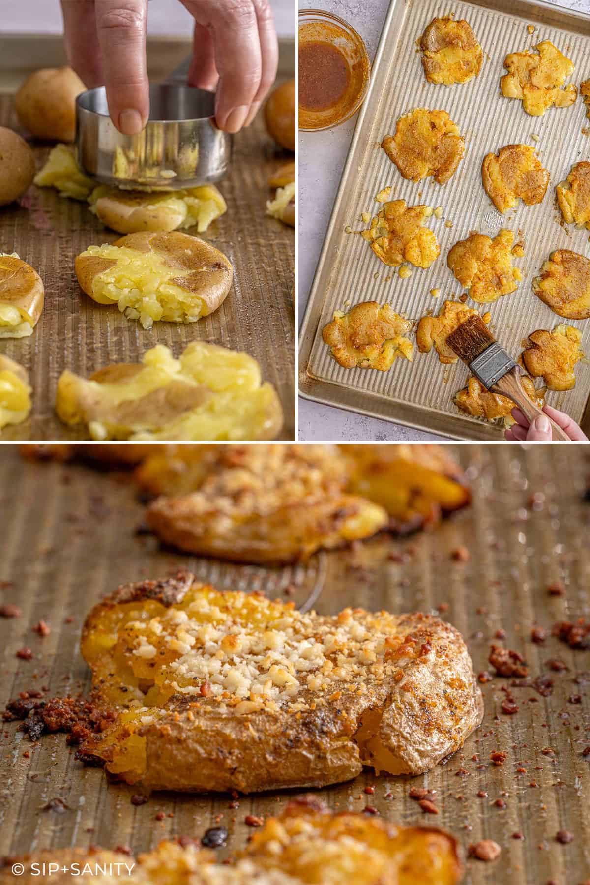Smashed potatoes pressed, oiled on a baking sheet, then baked until crisp and topped with golden, melted cheese.