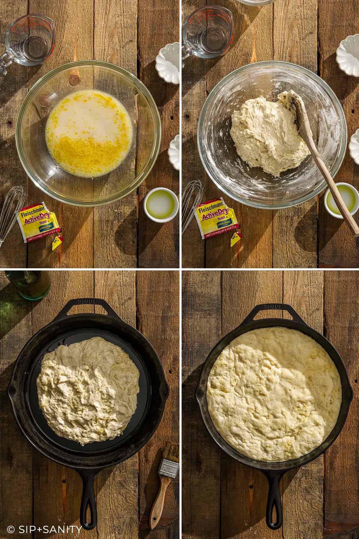 Four images: mixing, stirring, spreading dough in a skillet, and risen dough; yeast and olive oil on the table.