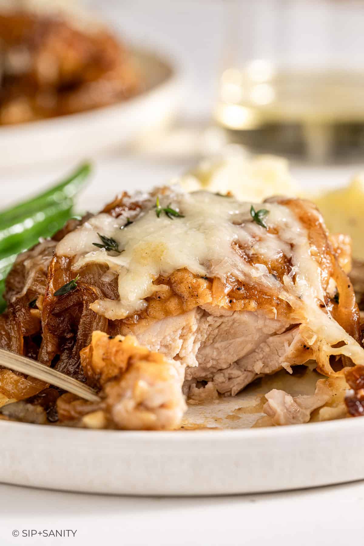 French onion chicken made with caramelized onions and Gruyère.