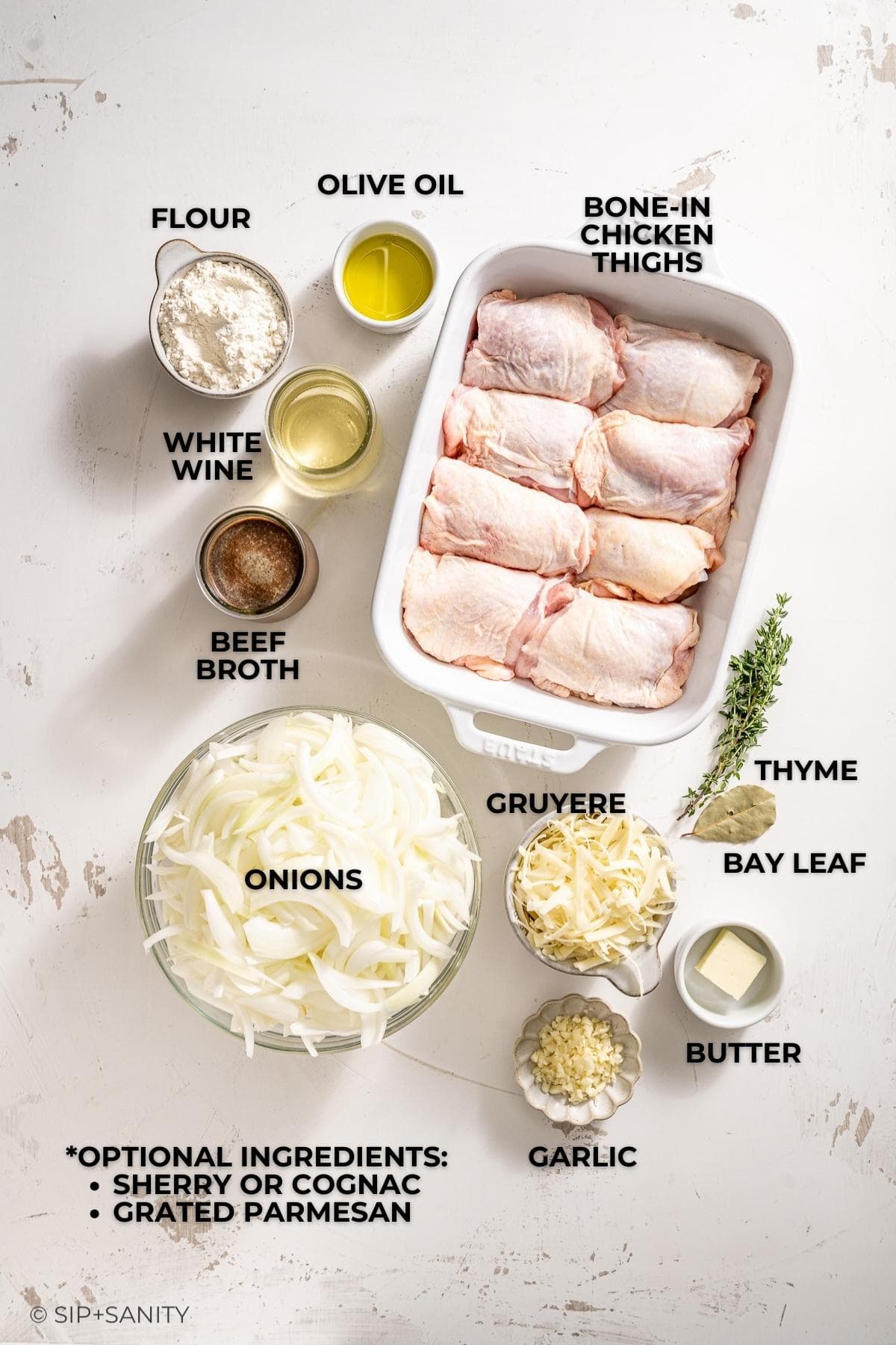 French onion chicken ingredients: chicken thighs, sliced onions, flour, wine, broth, cheese, garlic, butter, oil, herbs.