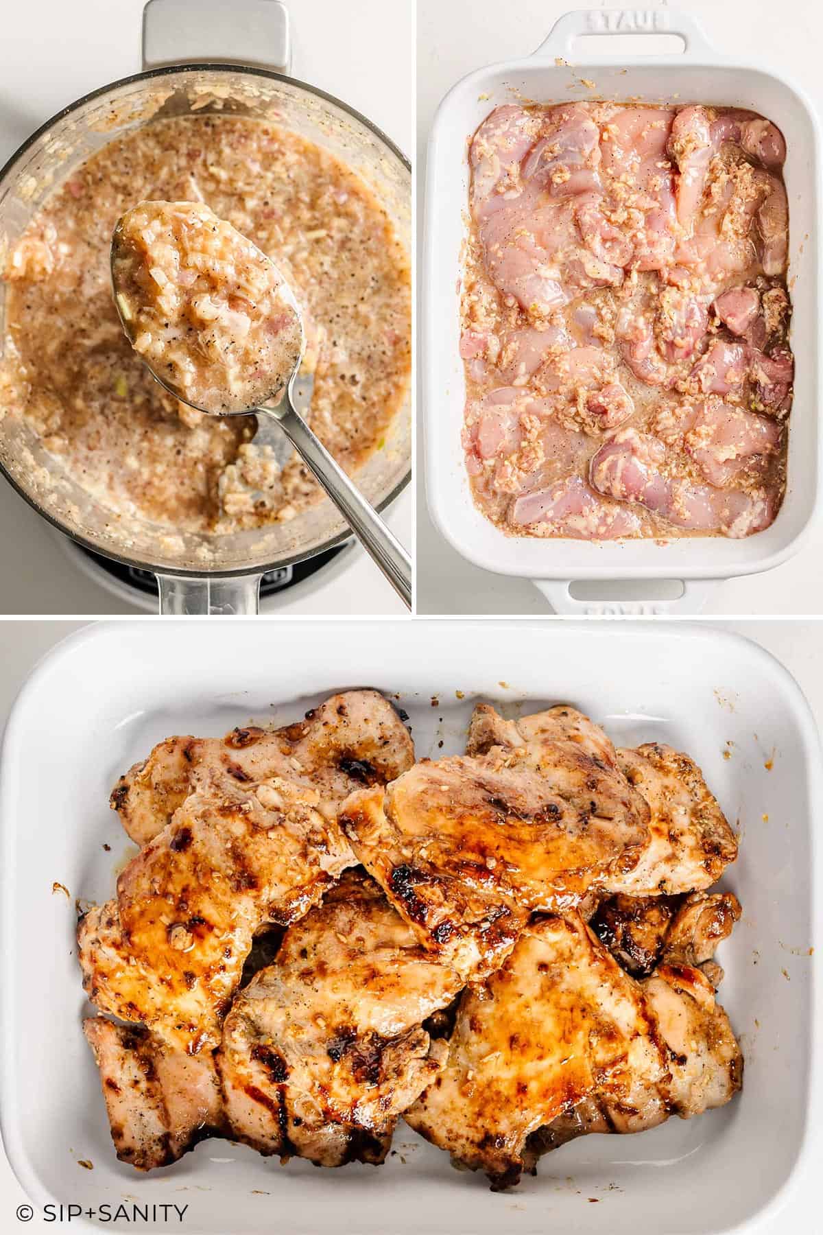 Chicken marinating, a spoon stirring marinade, and browned cooked chicken in a white baking dish shown in collage form.
