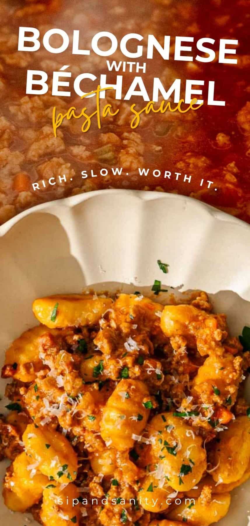 Gnocchi topped with bolognese and bechamel, herbs garnish. Text: Bolognese with Bechamel Pasta Sauce. Rich. Slow. Worth it.