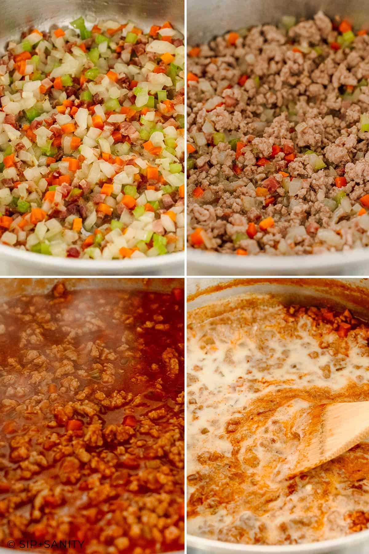 Four images: sautéed veggies, veggies with browned meat, meat in tomato sauce, and sauce being stirred with cream.