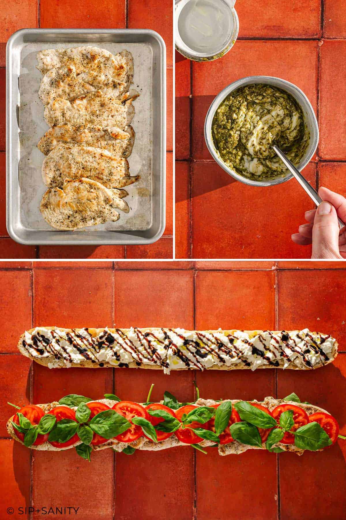 Cooked chicken breasts, pesto mayo being mixed, and a sandwich with chicken, tomato, basil, burrata and balsamic drizzle.