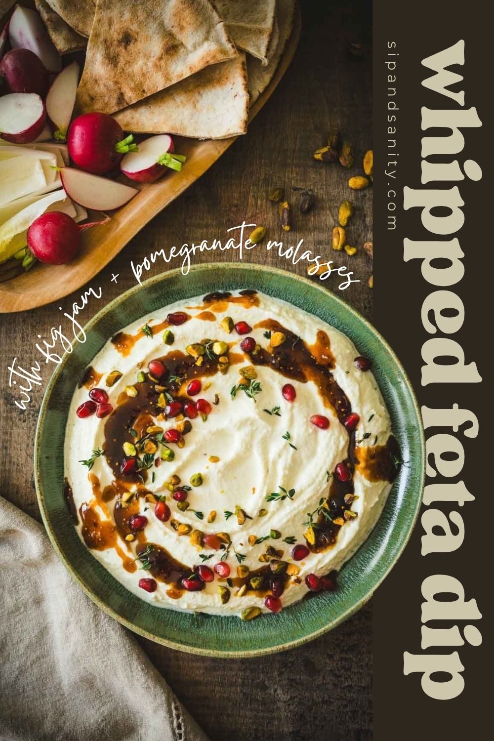 Whipped feta dip with pomegranate molasses, pistachios, and herbs, served with pita, radishes, and endive.